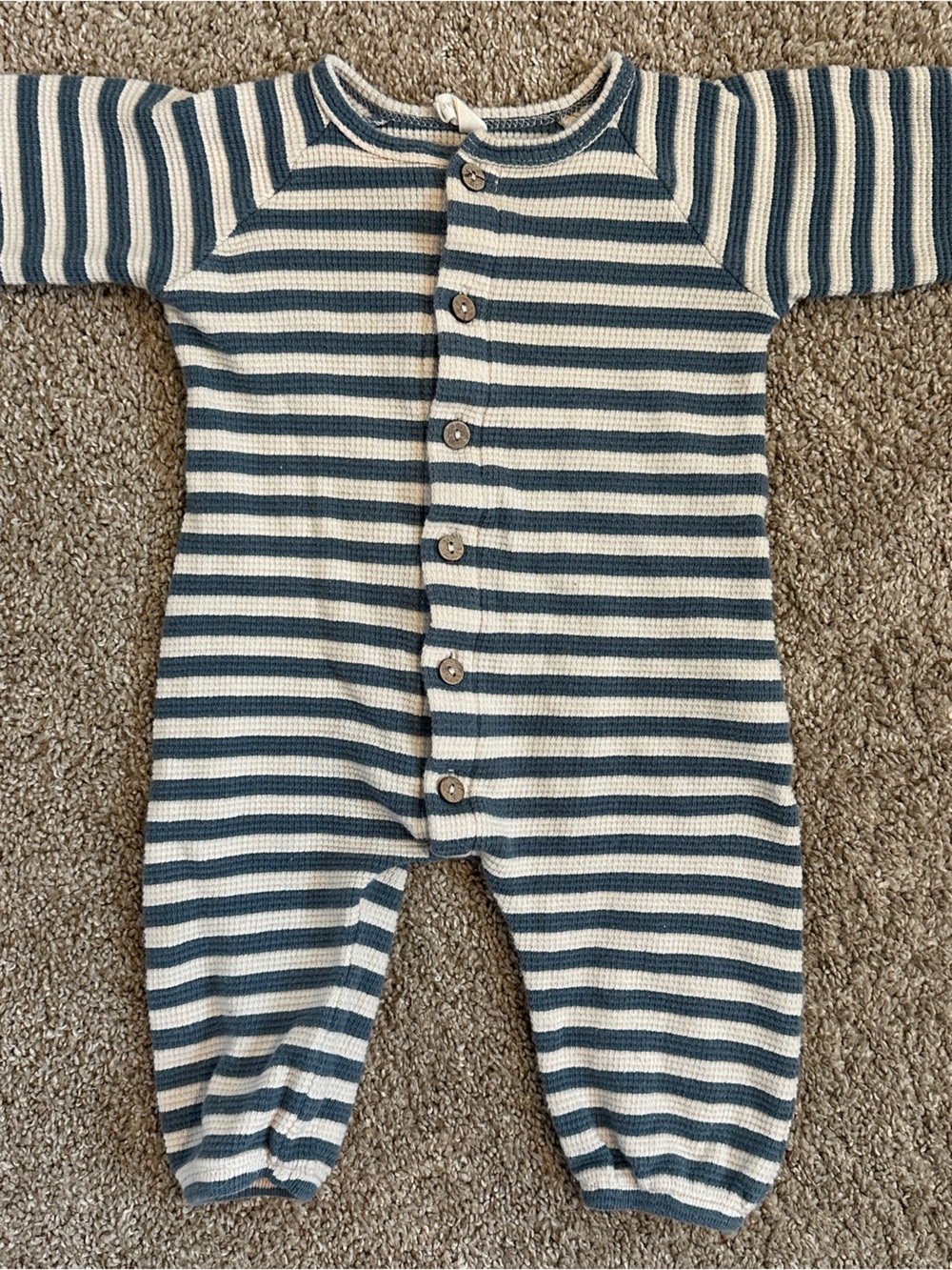 Quincy Mae Waffle Long Sleeve Jumpsuit | Ocean Stripe | 3-6 Months